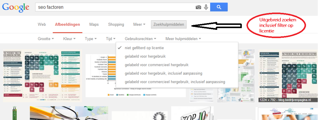 afbeeldingen zoeken met licentie filter